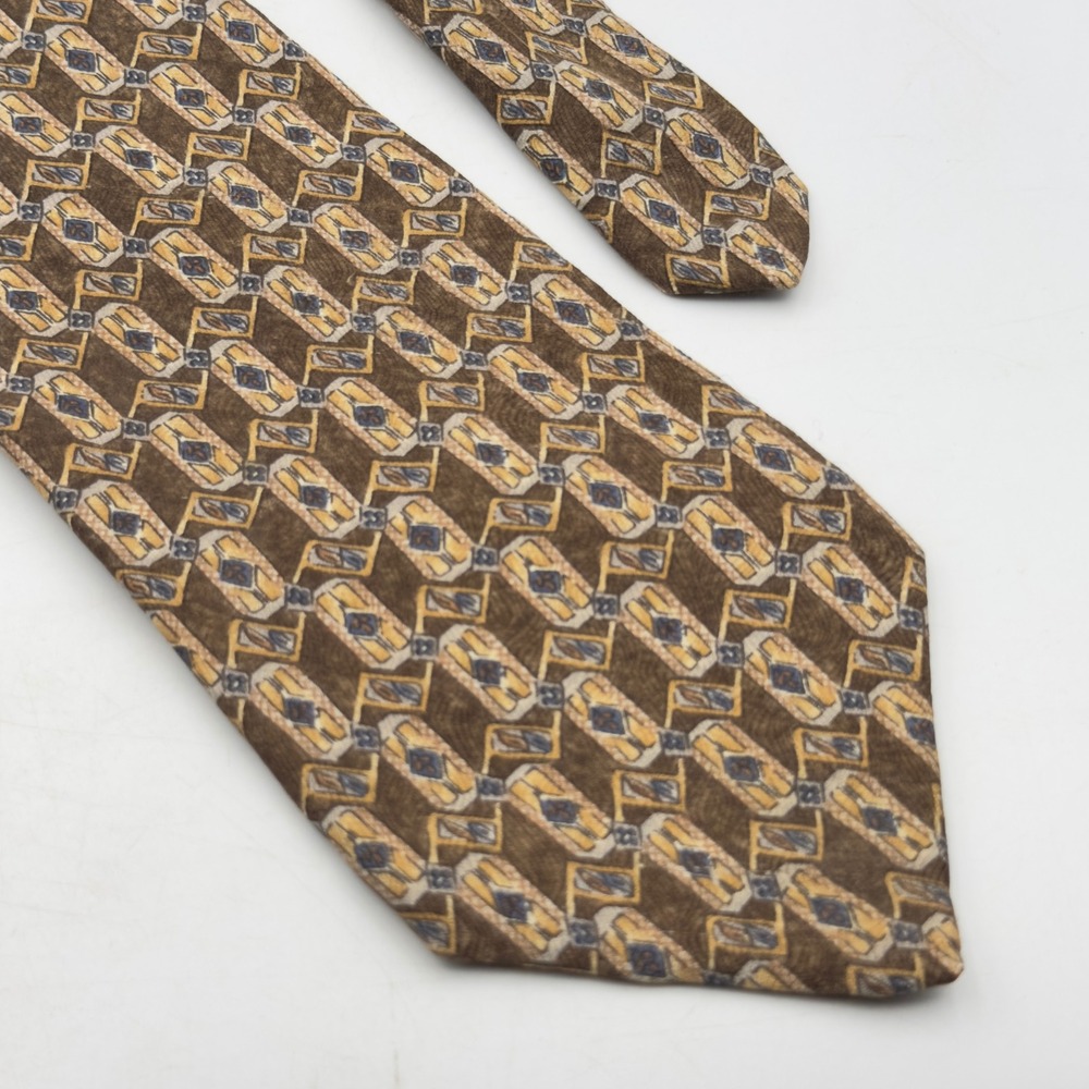 Geoffrey Beene Mens Silk Necktie Brown Gold Navy Geometric Diamond Pattern‎ Tie